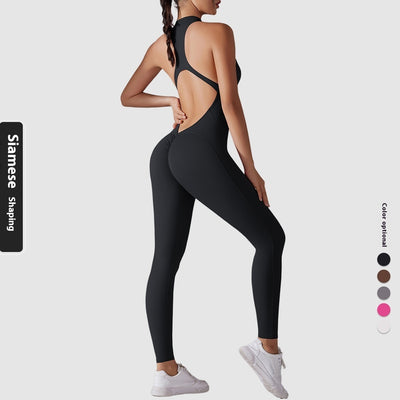 Solid Color Nude Feel High Strength Tight Sports Back Shaping Long Jumpsuit