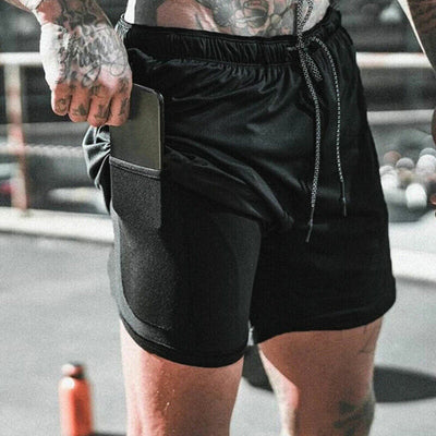 Mens Sports Running Shorts Gym Training Fitness Bottoms Double Layer With Pocket