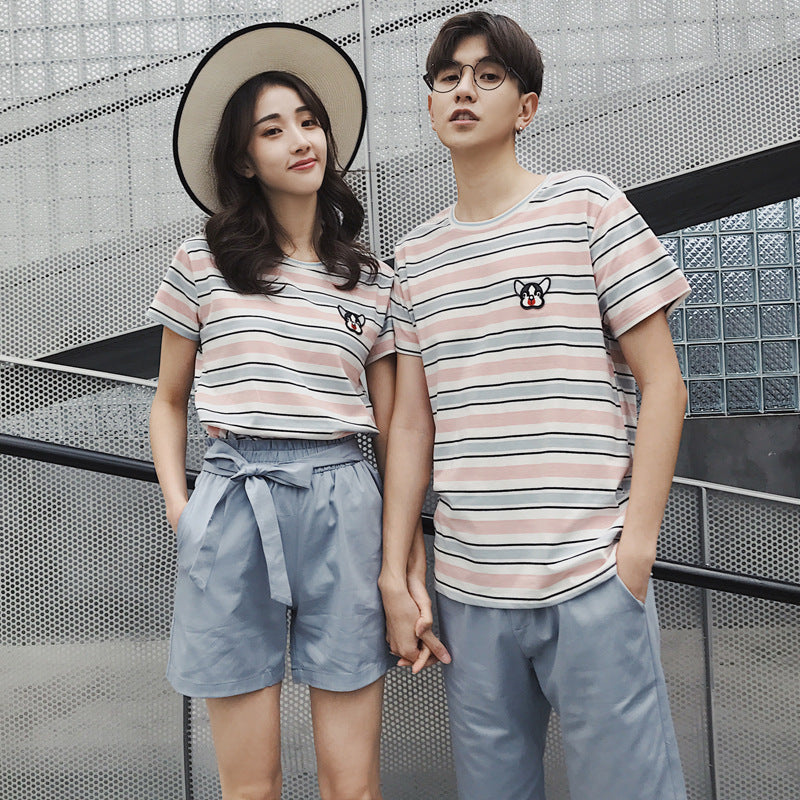 Couple wear summer beachwear striped suit