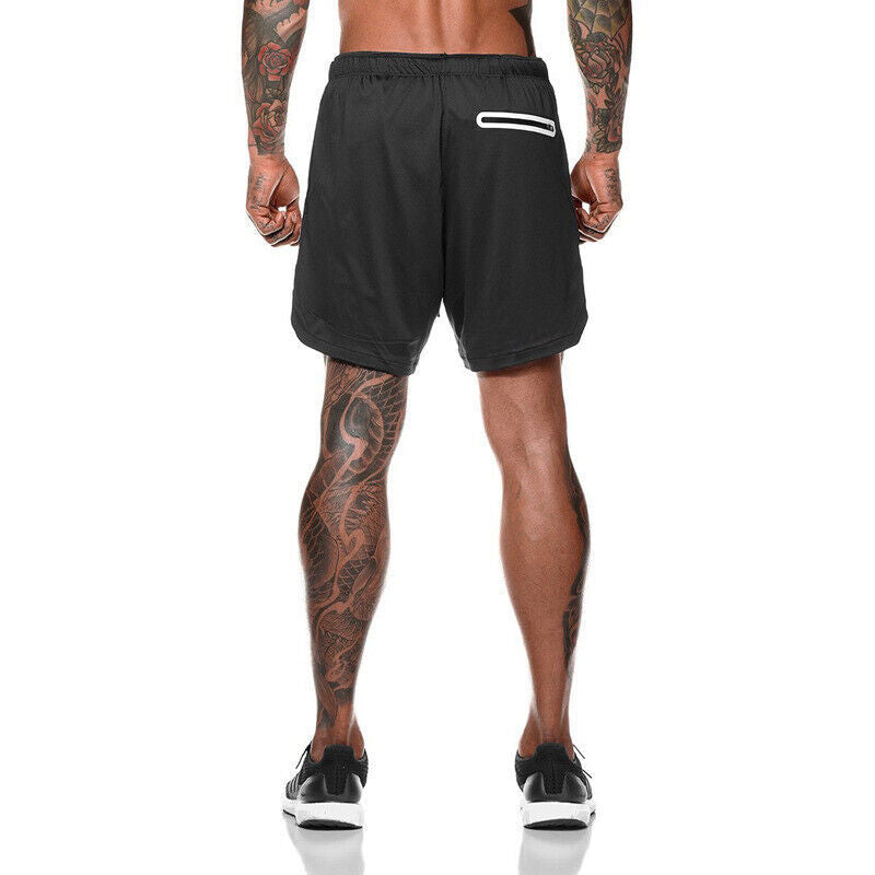 Mens Sports Running Shorts Gym Training Fitness Bottoms Double Layer With Pocket