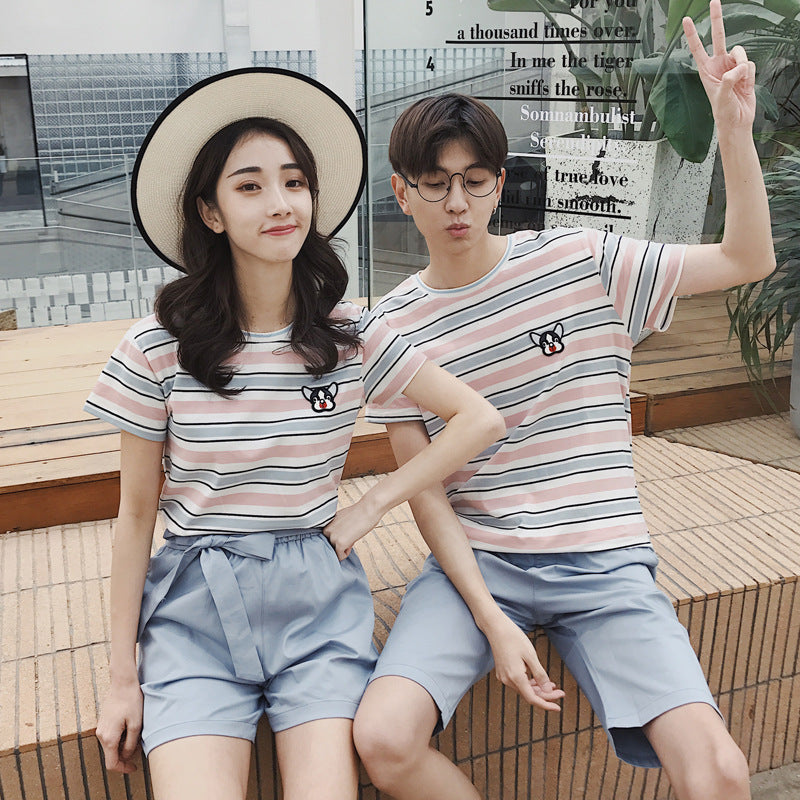 Couple wear summer beachwear striped suit