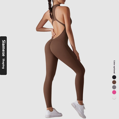 Solid Color Nude Feel High Strength Tight Sports Back Shaping Long Jumpsuit