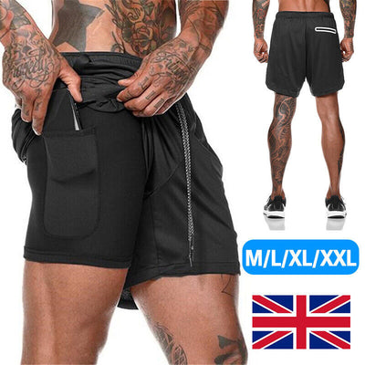 Mens Sports Running Shorts Gym Training Fitness Bottoms Double Layer With Pocket