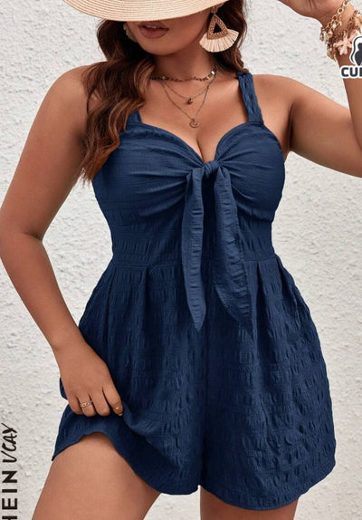 Plus Size Women's Summer Solid Color Front Knot Casual Tank Top Romper