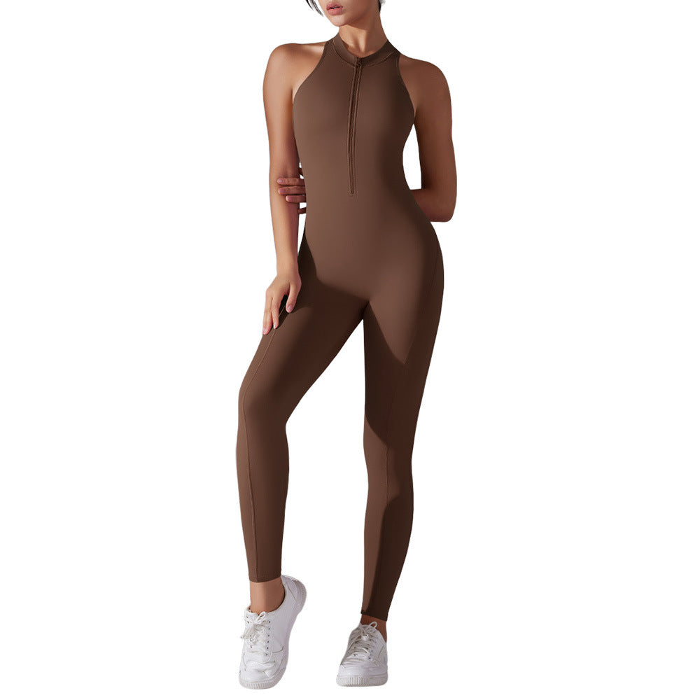 Solid Color Nude Feel High Strength Tight Sports Back Shaping Long Jumpsuit