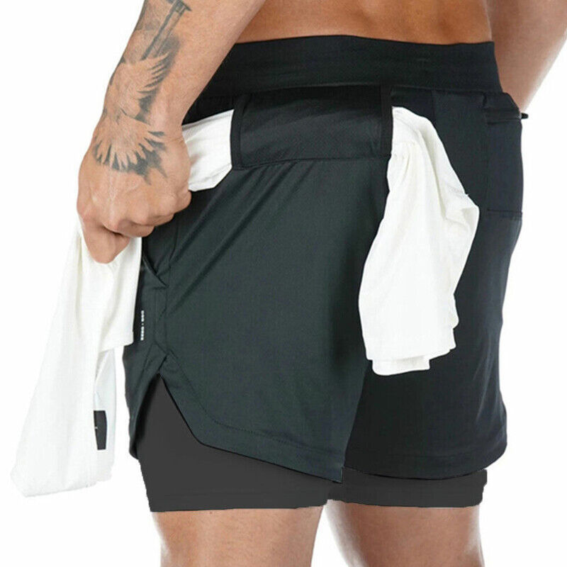 Mens Sports Running Shorts Gym Training Fitness Bottoms Double Layer With Pocket