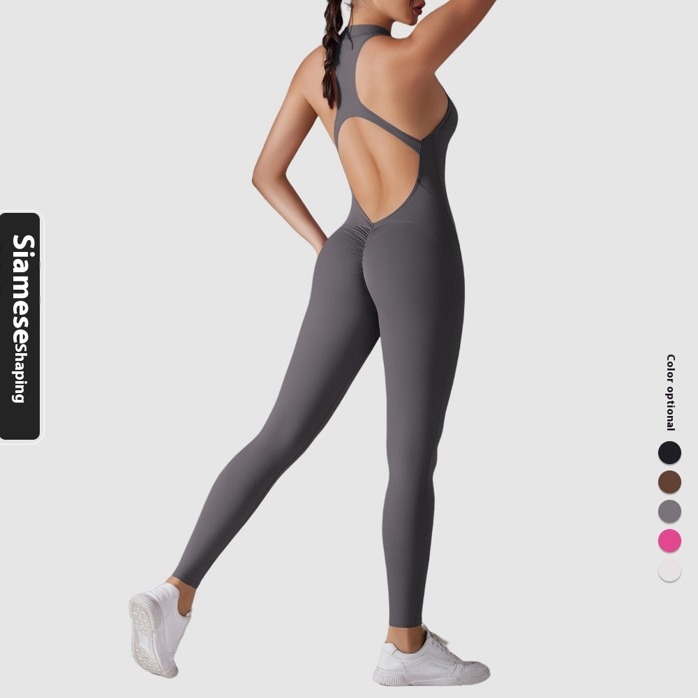 Solid Color Nude Feel High Strength Tight Sports Back Shaping Long Jumpsuit