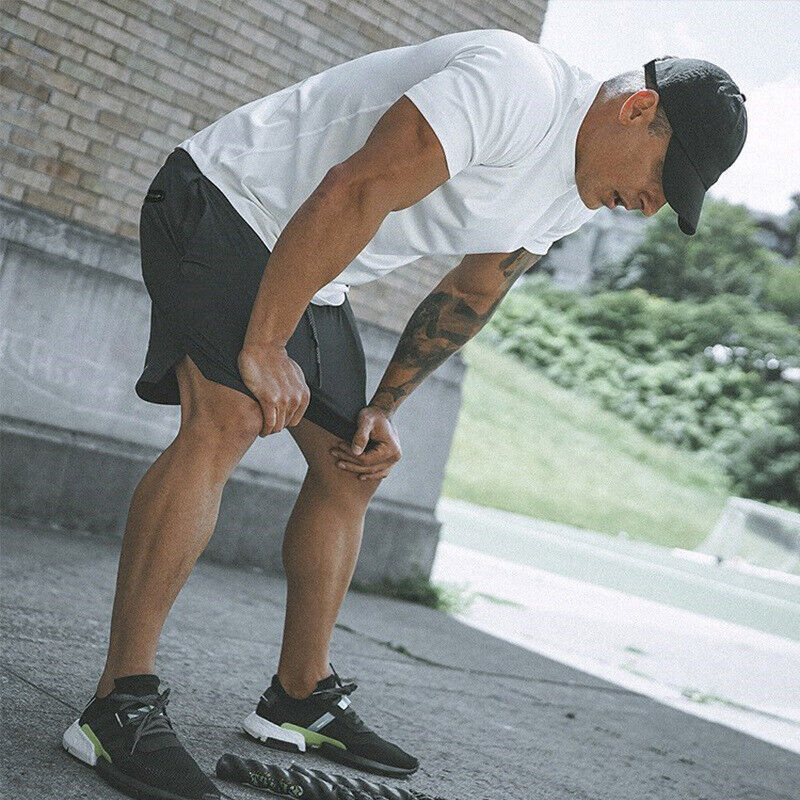 Mens Sports Running Shorts Gym Training Fitness Bottoms Double Layer With Pocket